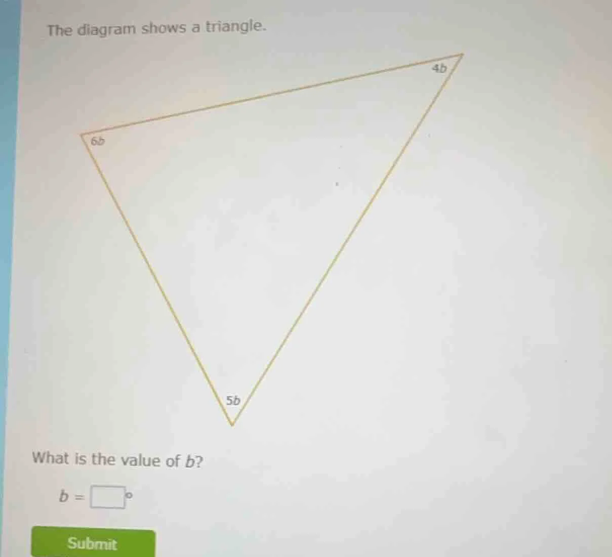 the diagram shows a triangle. what is the value of ( b )? ( b = square^…