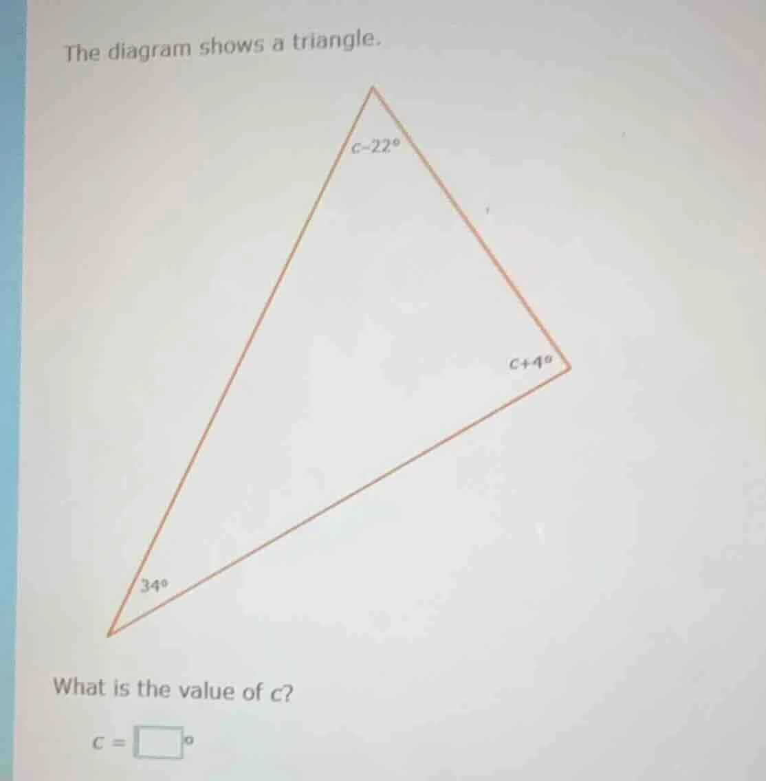 the diagram shows a triangle. what is the value of ( c )? ( c = square^…