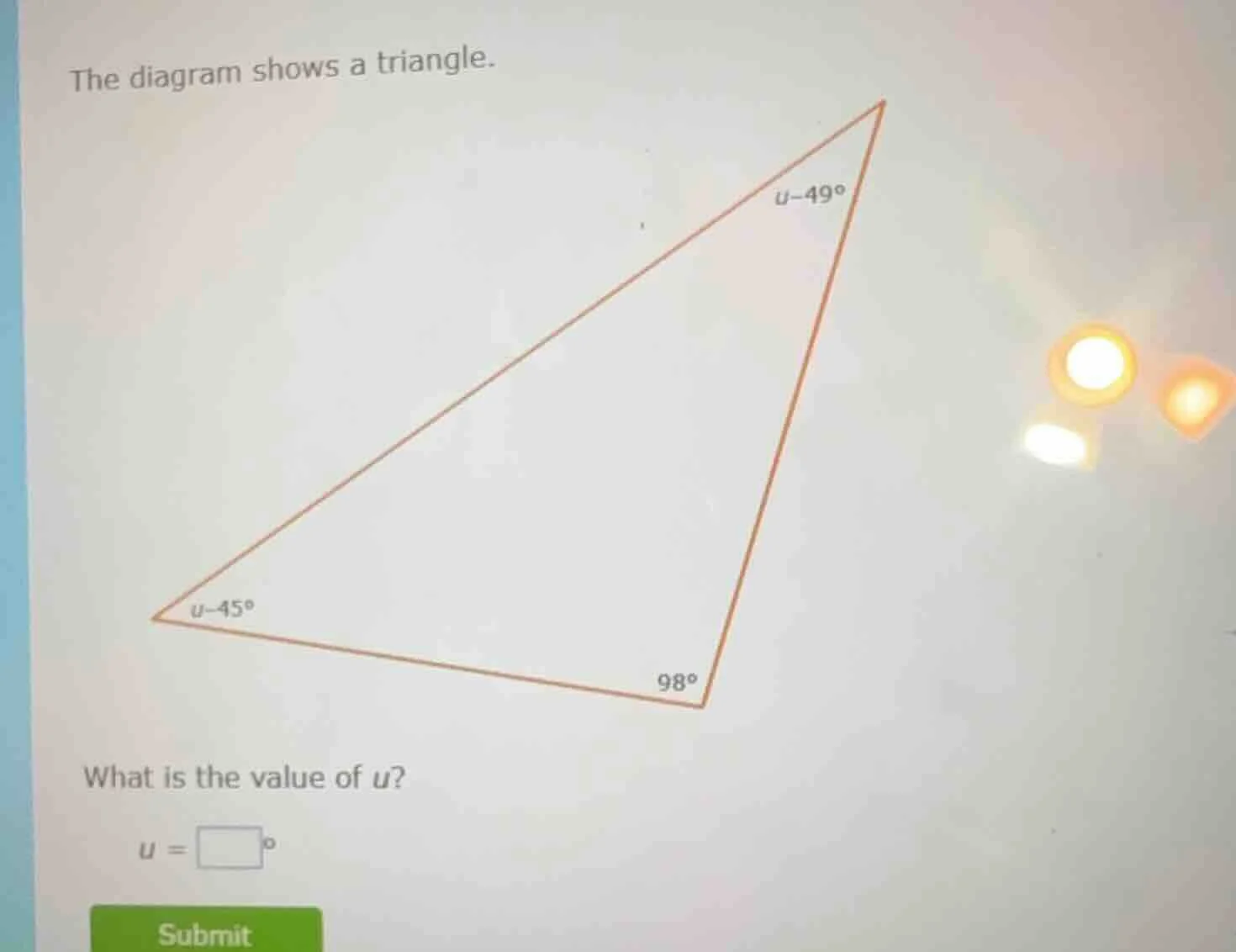 the diagram shows a triangle. what is the value of ( u )? ( u = square^…
