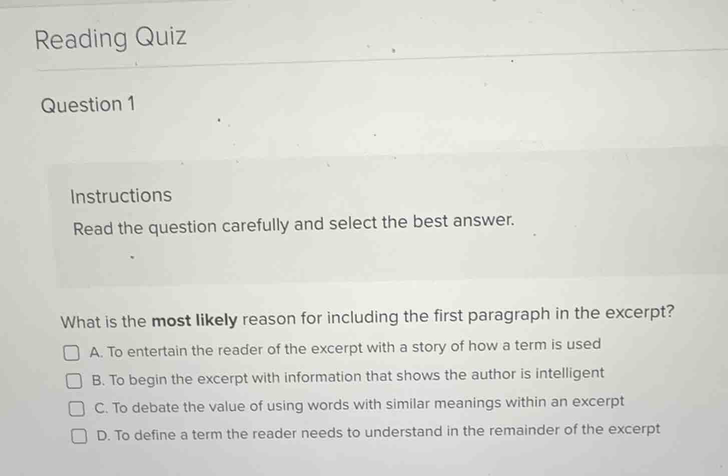reading quiz question 1 instructions read the question carefully and se…