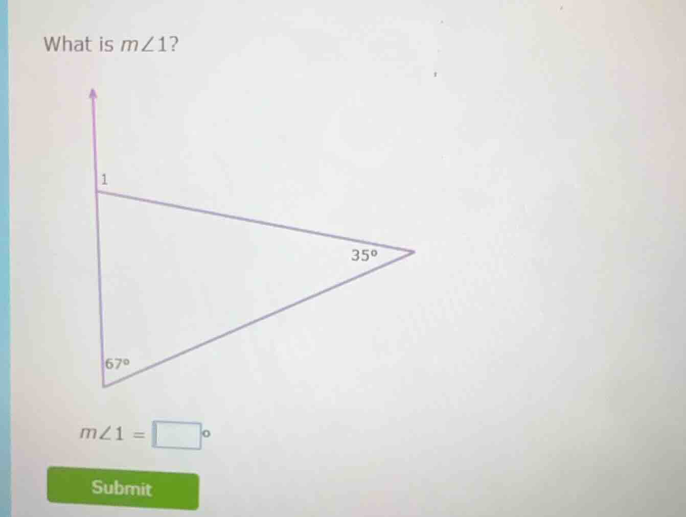 what is $m\\angle 1$? (there is a triangle with angles 35° and 67°, and…