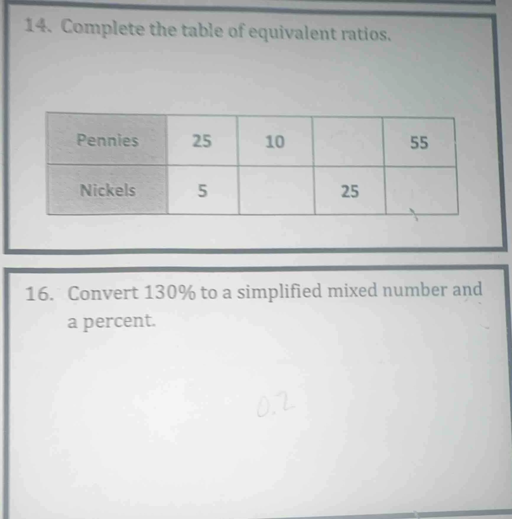 14. complete the table of equivalent ratios. | pennies | 25 | 10 | | 55…