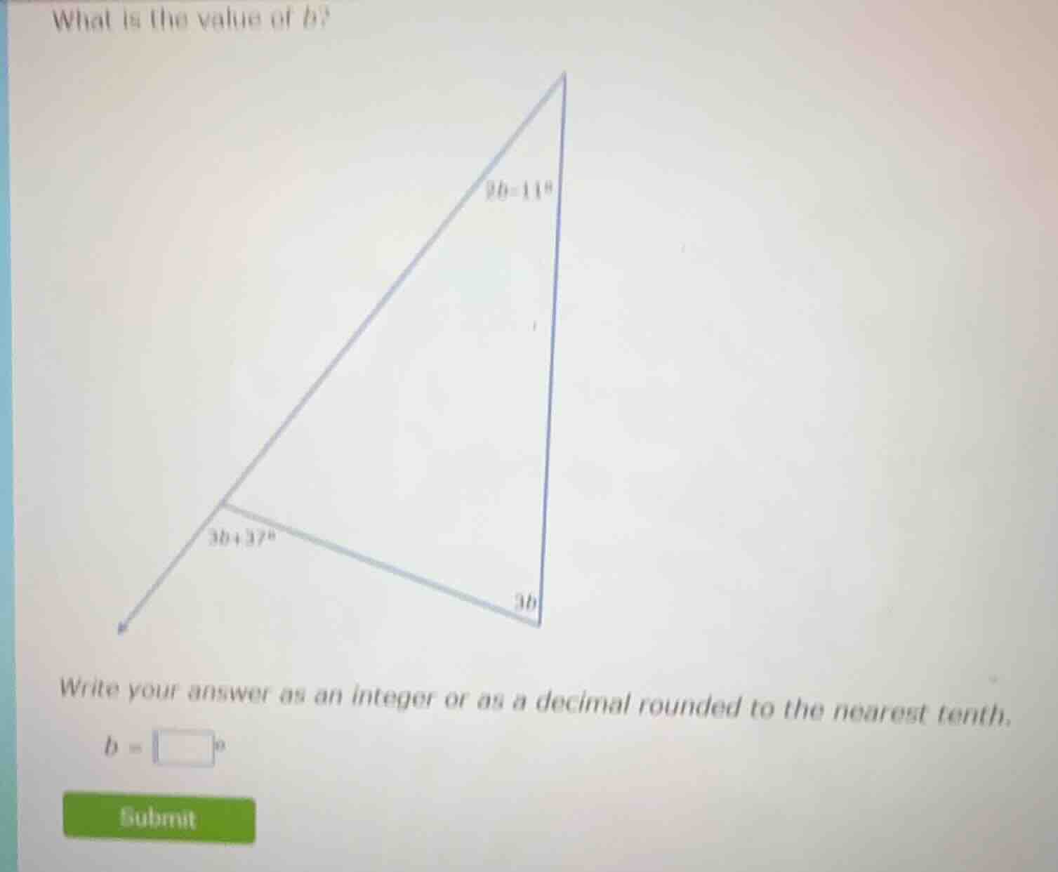 what is the value of b? (there is a triangle with an exterior angle and…