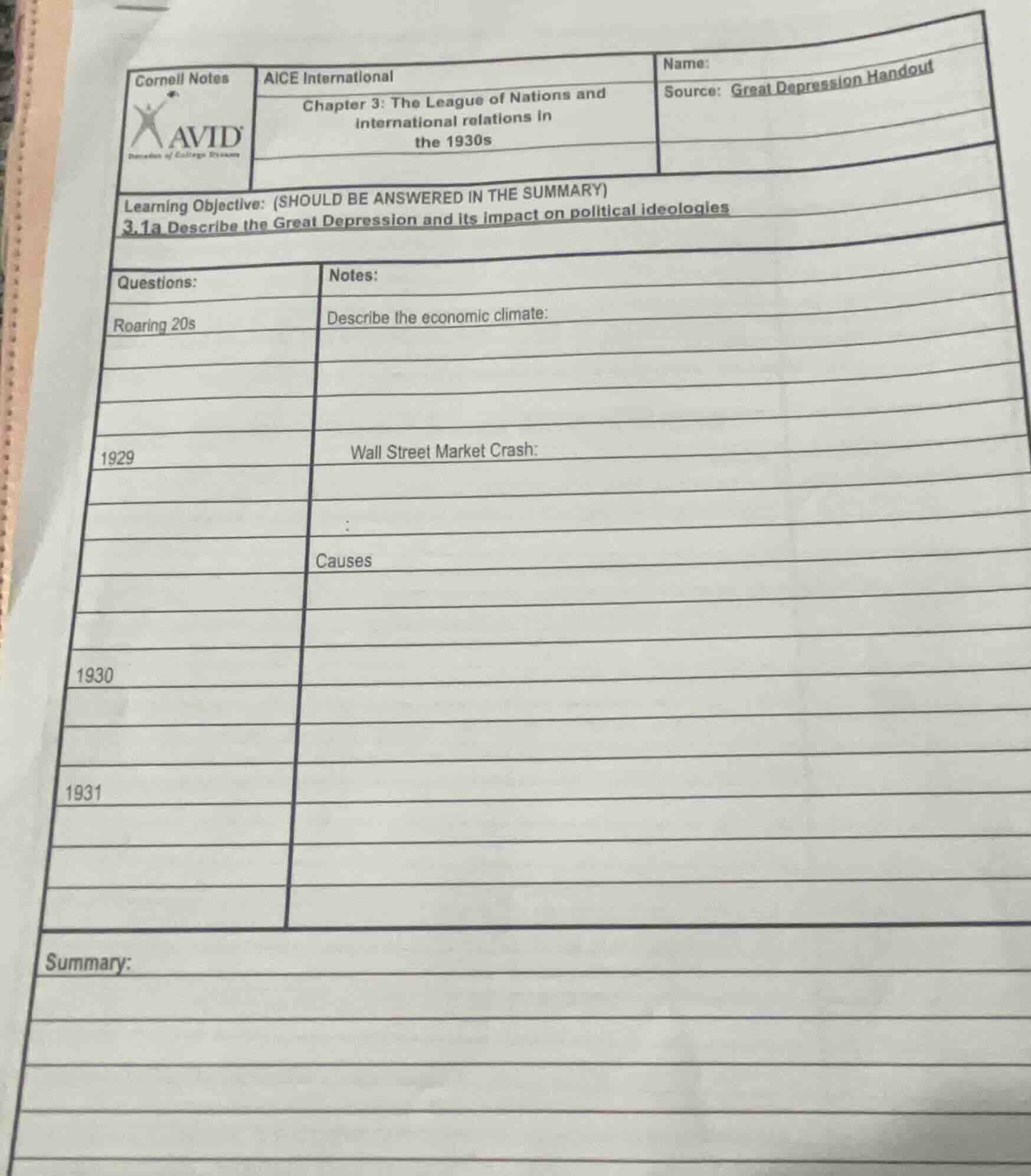 cornell notes avid aice international chapter 3: the league of nations …