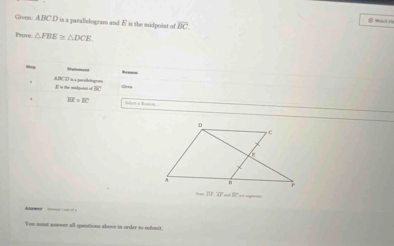 given: abcd is a parallelogram and e is the midpoint of \\(\\overline{b…