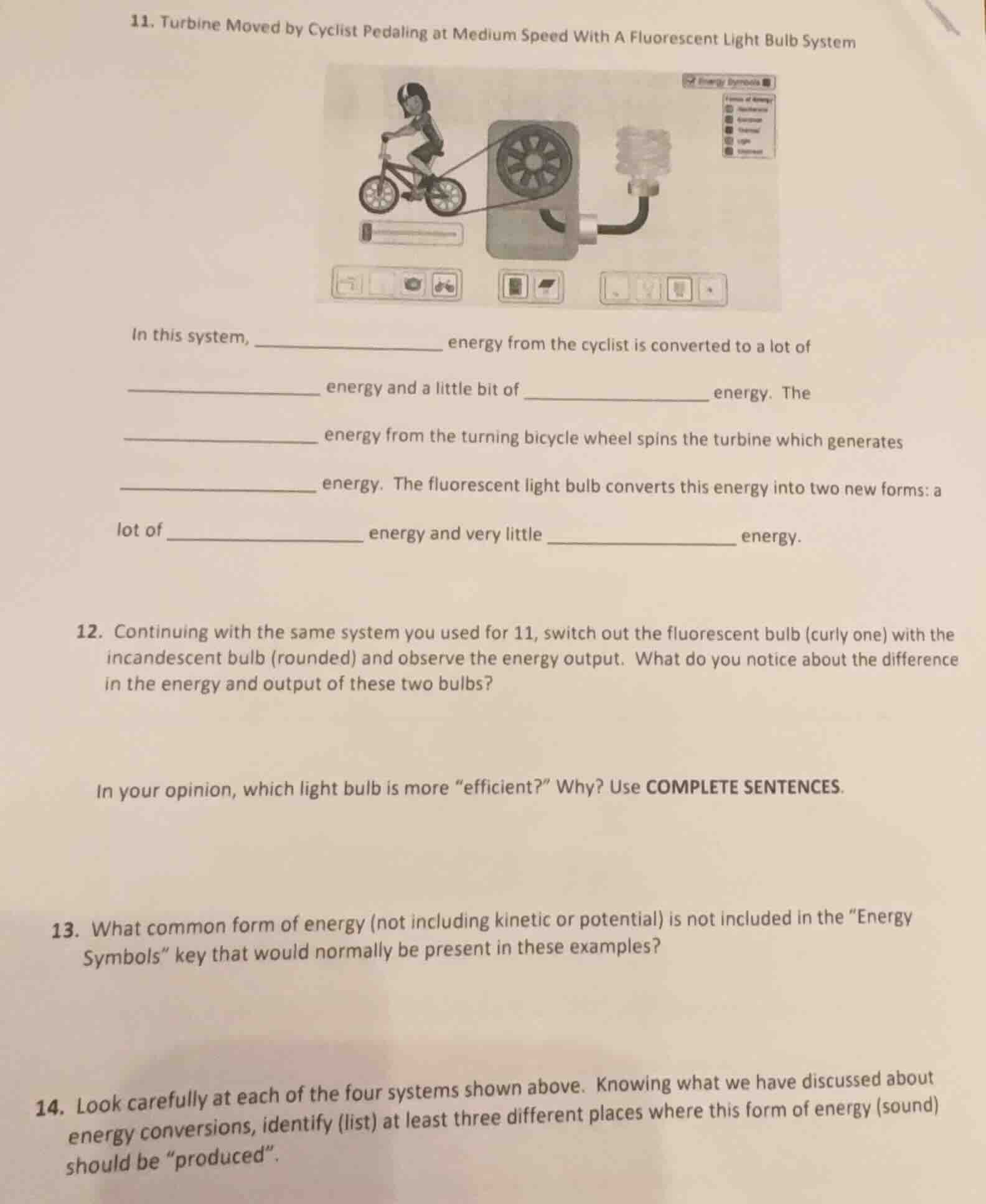 11. turbine moved by cyclist pedaling at medium speed with a fluorescen…