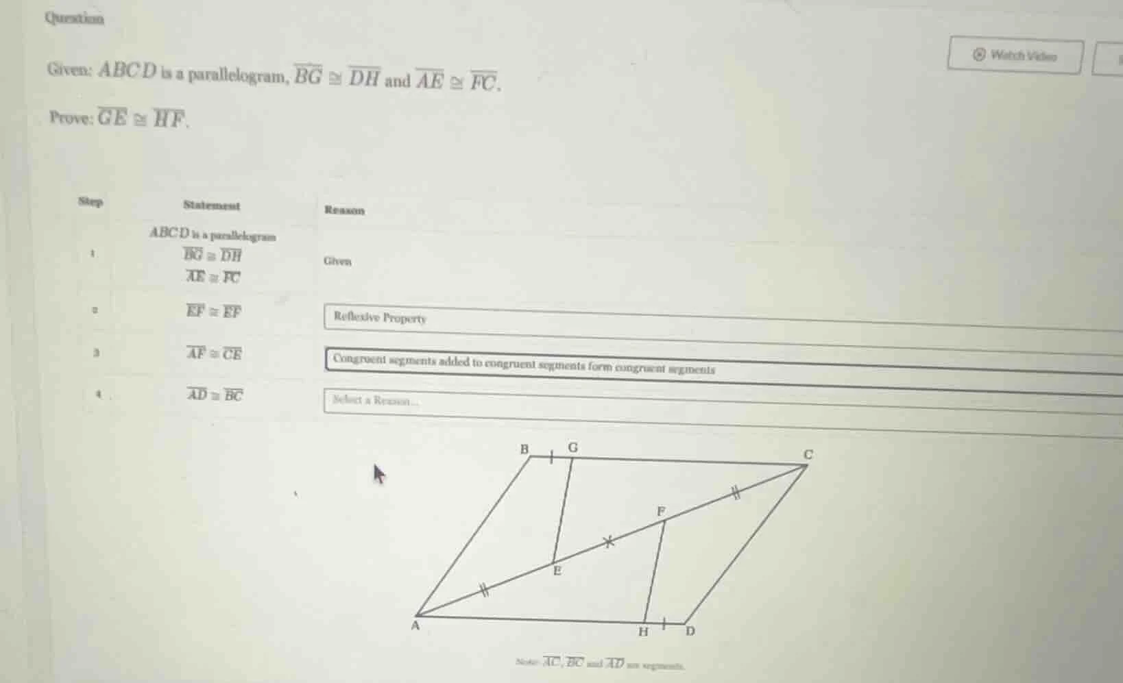 question given: abcd is a parallelogram, \\(\\overline{bg} \\cong \\ove…
