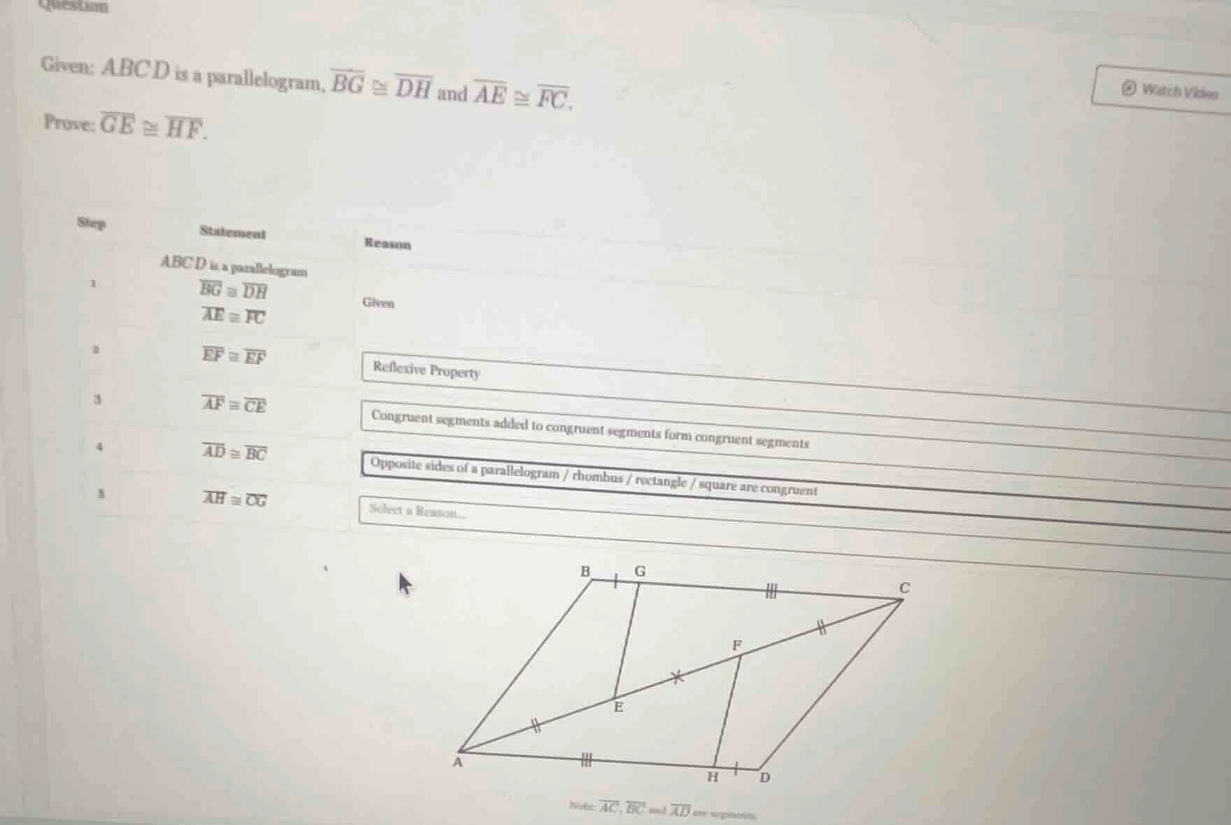 question given: (abcd) is a parallelogram, (overline{bg} cong overline{…