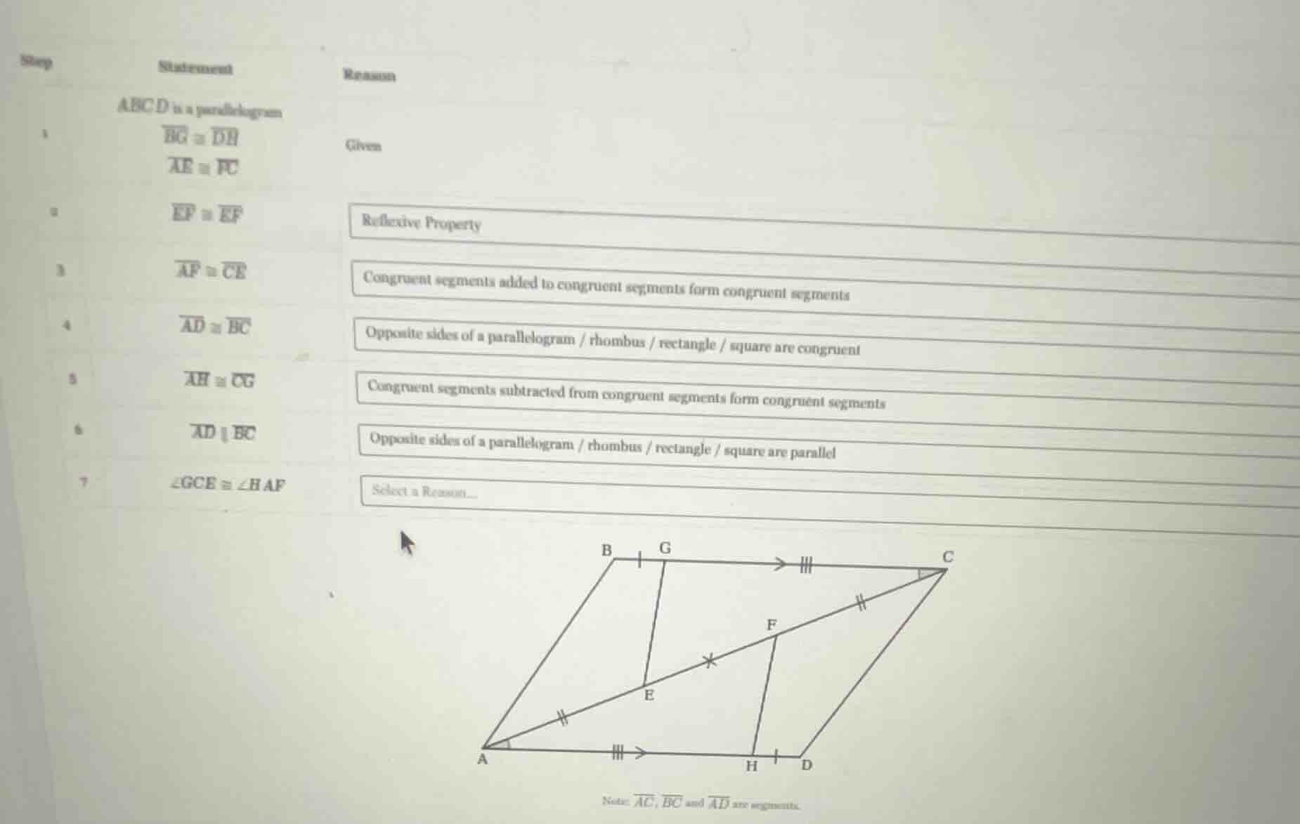 step statement\treason 1\tabcd is a parallelogram \t\\overline{bg} \\co…
