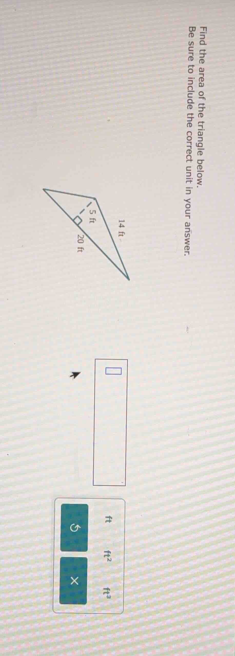 find the area of the triangle below. be sure to include the correct uni…