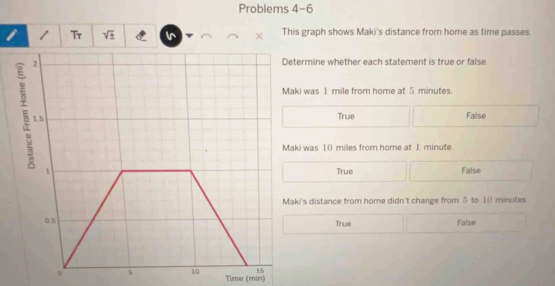problems 4–6 this graph shows maki’s distance from home as time passes.…