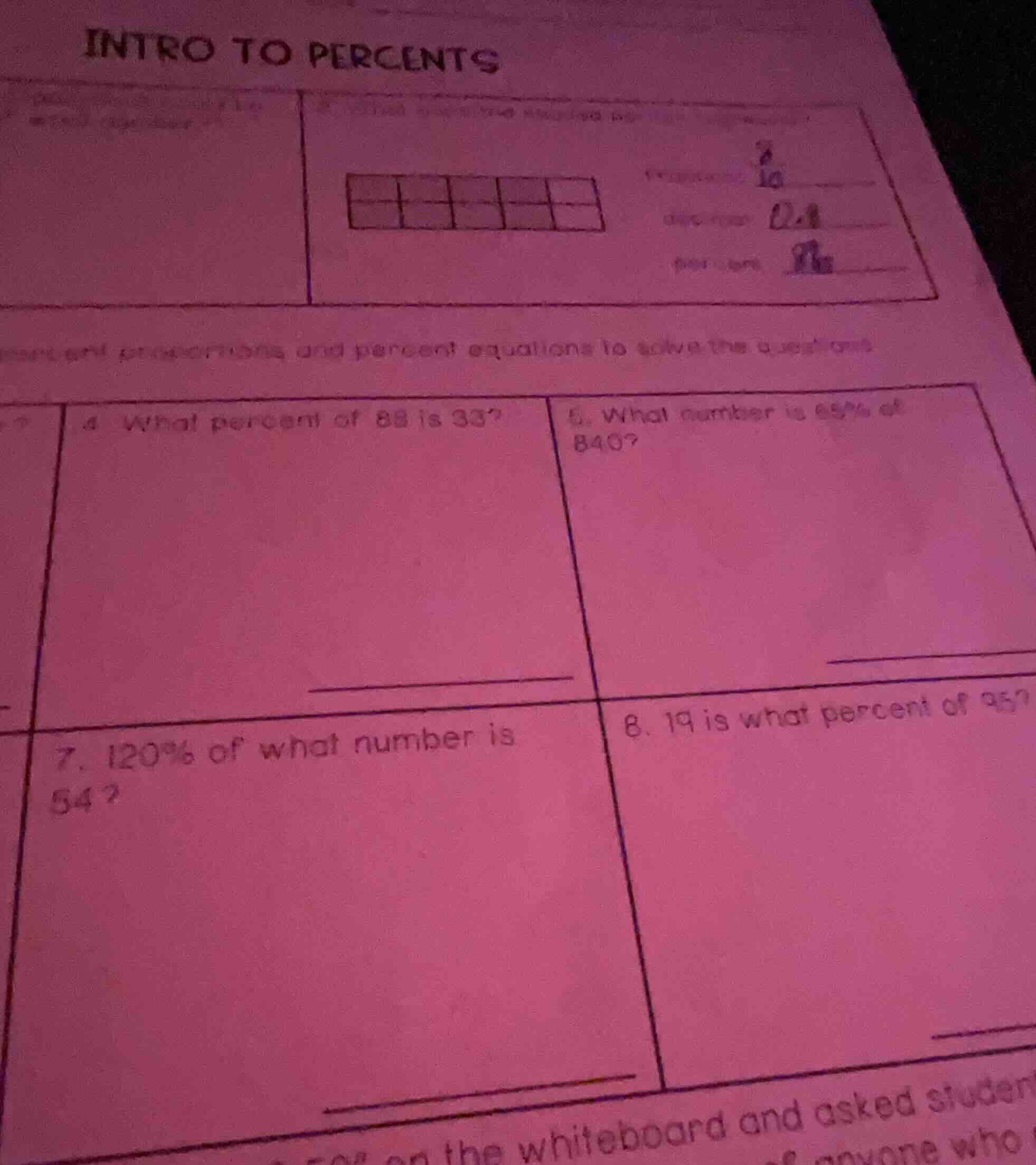 intro to percents 4. what percent of 88 is 33? 6. what number is 69% of…