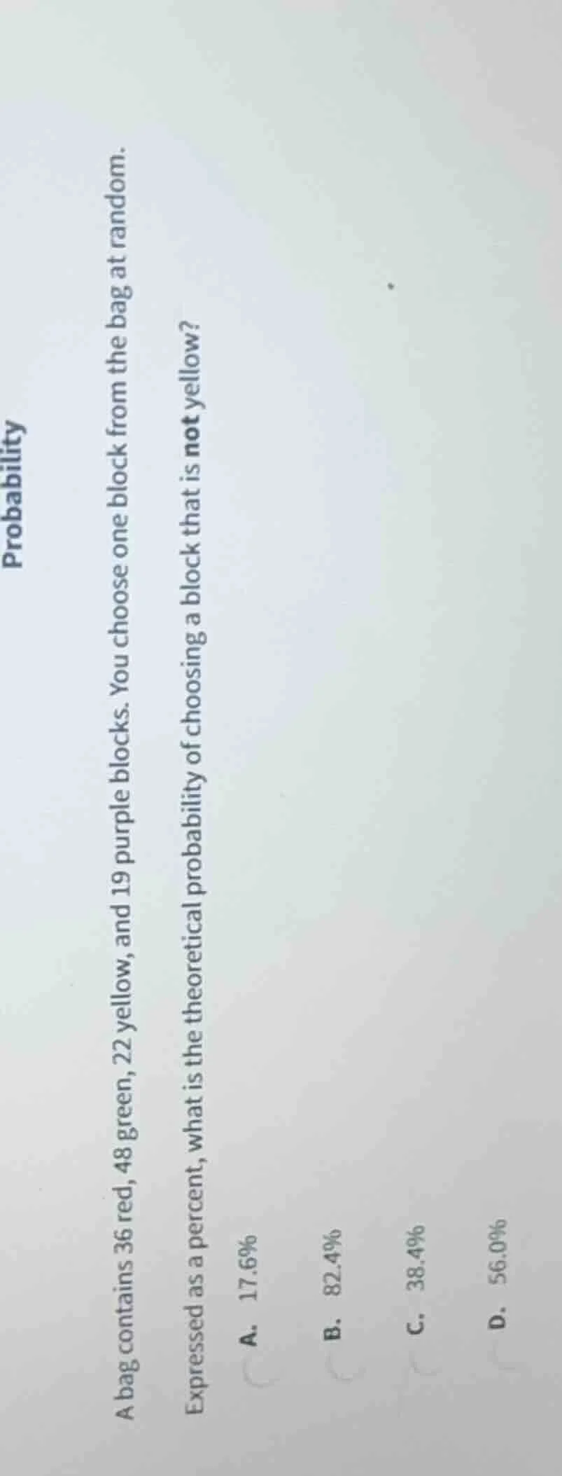 probability a bag contains 36 red, 48 green, 22 yellow, and 19 purple b…