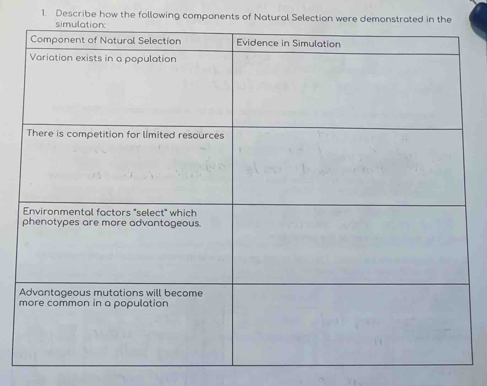 1. describe how the following components of natural selection were demo…