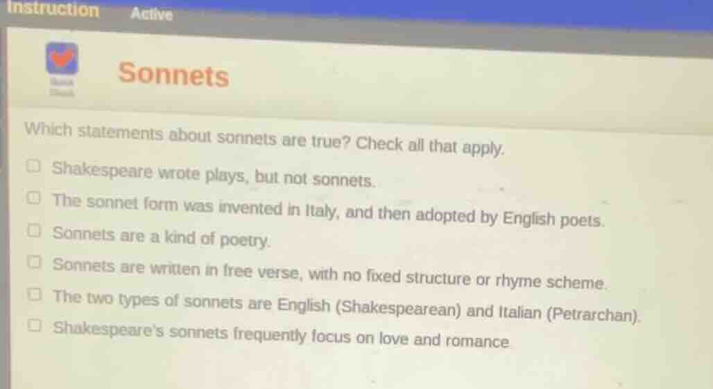 sonnets which statements about sonnets are true? check all that apply. …
