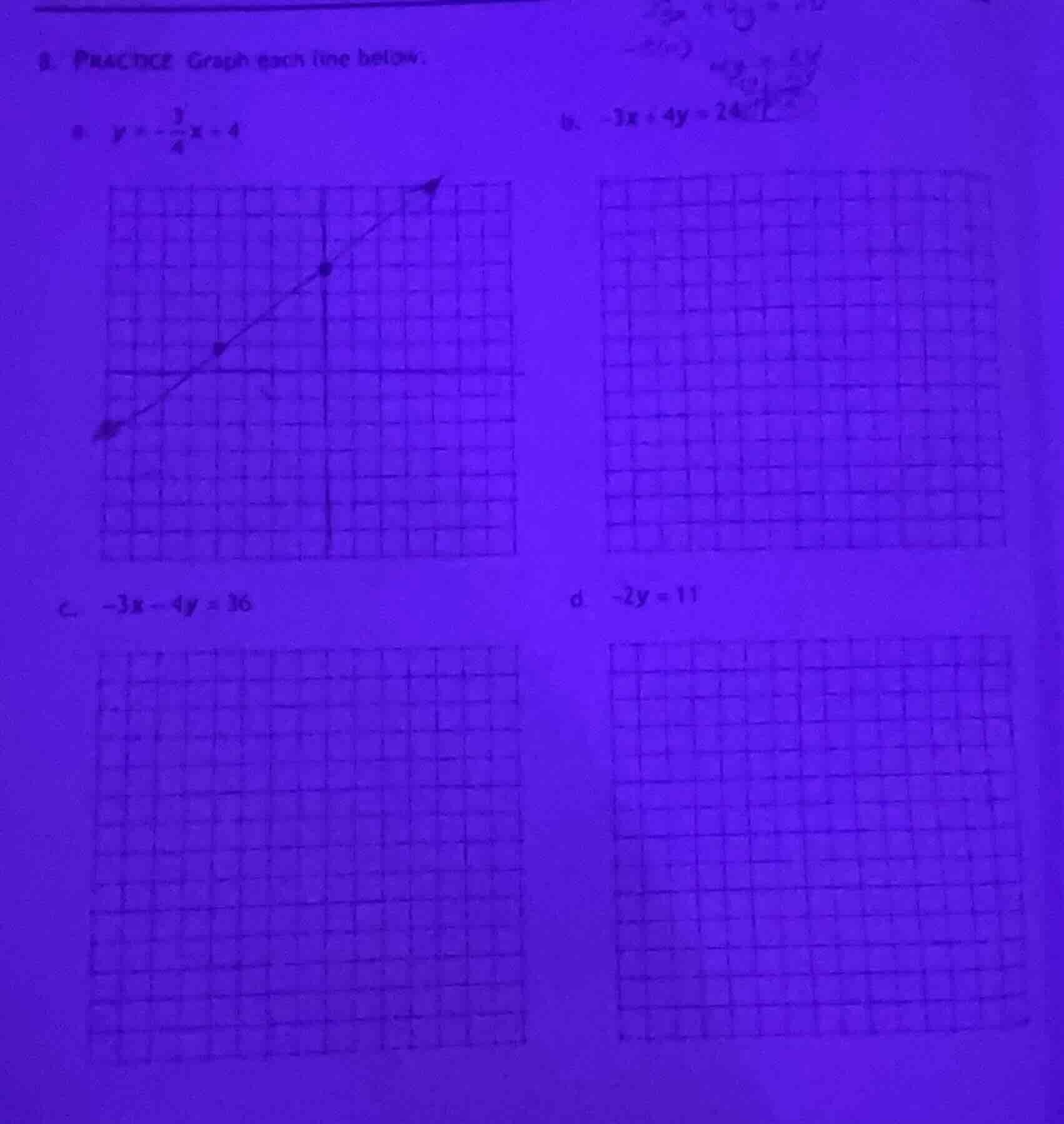 2. practice graph each line below. a. $y = -\\frac{3}{4}x - 4$ b. $-3x …
