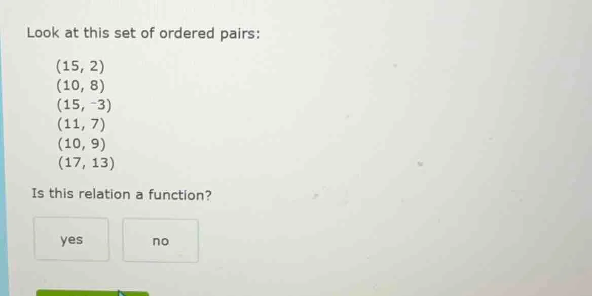 look at this set of ordered pairs: (15, 2) (10, 8) (15, -3) (11, 7) (10…