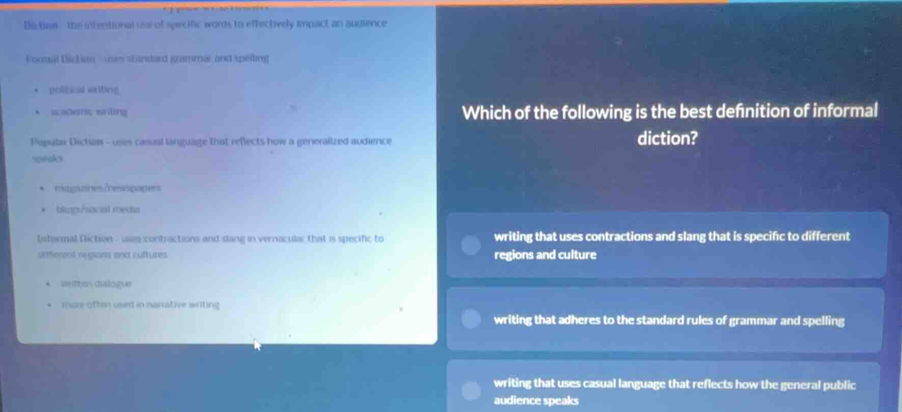 diction - the intentional use of specific words to effectively impact a…