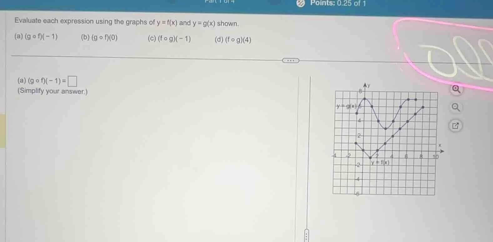 evaluate each expression using the graphs of y = f(x) and y = g(x) show…