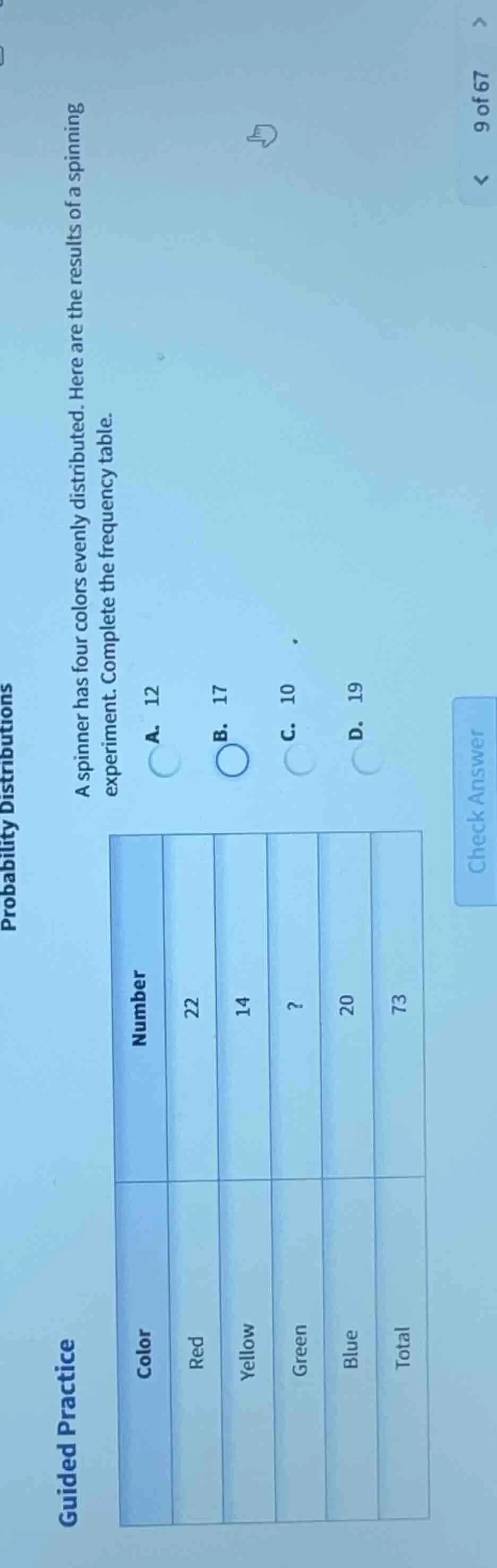 guided practice probability distributions a spinner has four colors eve…