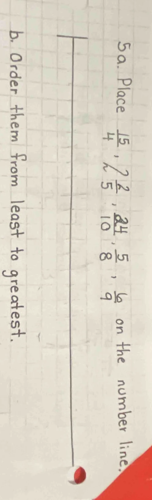 5a. place \\(\\frac{15}{4}\\), \\(\\frac{2}{5}\\), \\(\\frac{24}{10}\\)…