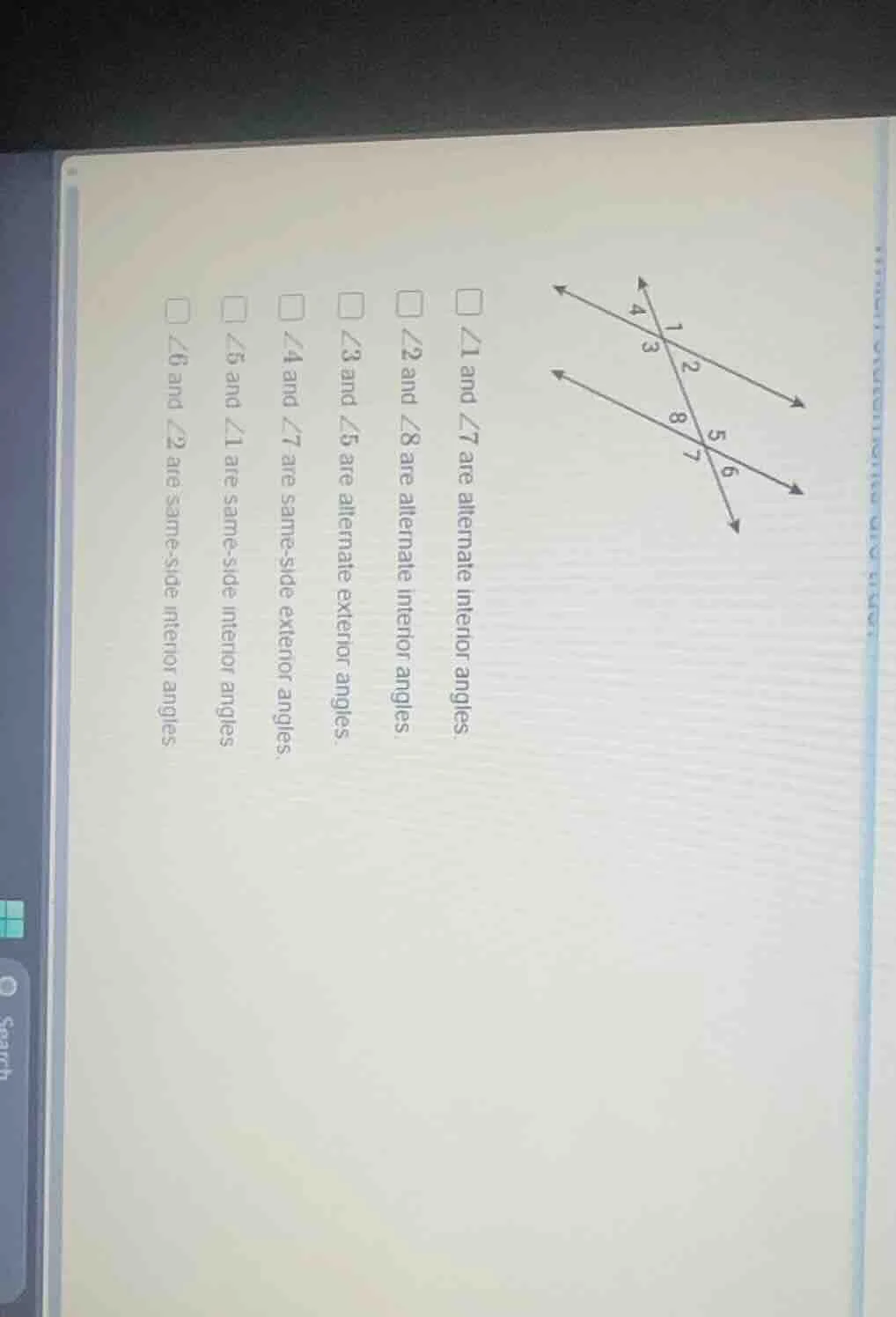 there is a diagram of two parallel lines cut by a transversal, forming …