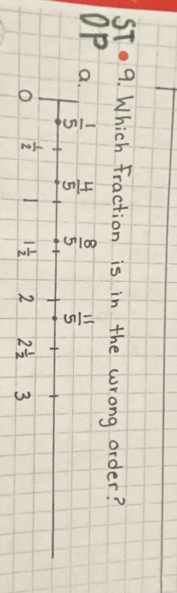 9. which fraction is in the wrong order? -1/5, 4/5, 8/5, 11/5 0, 1/2, 1…