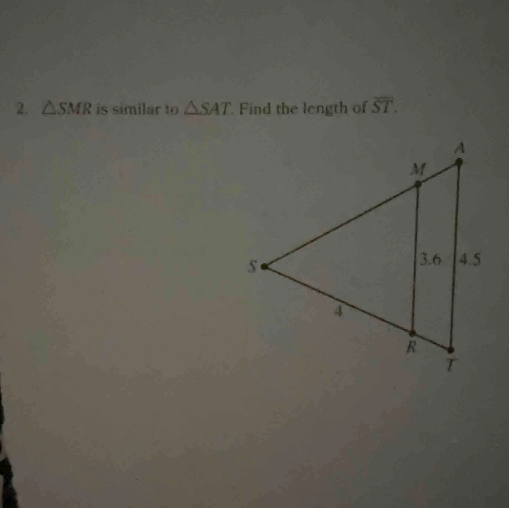 2. △smr is similar to △sat. find the length of \\(\\overline{st}\\).