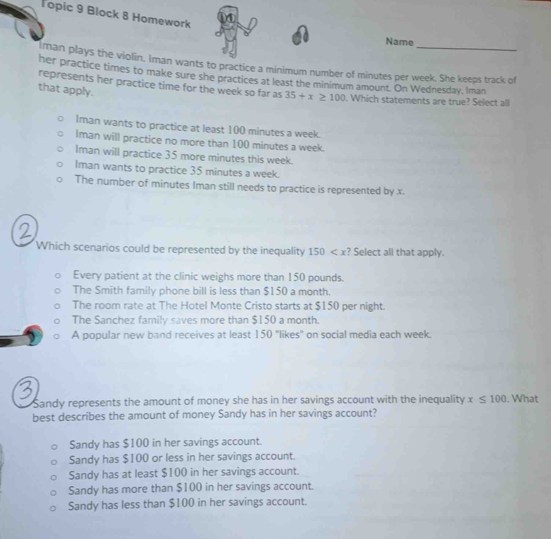 topic 9 block 8 homework name iman plays the violin. iman wants to prac…