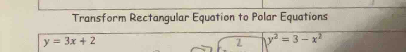 transform rectangular equation to polar equations $y = 3x + 2$ $y^2 = 3…