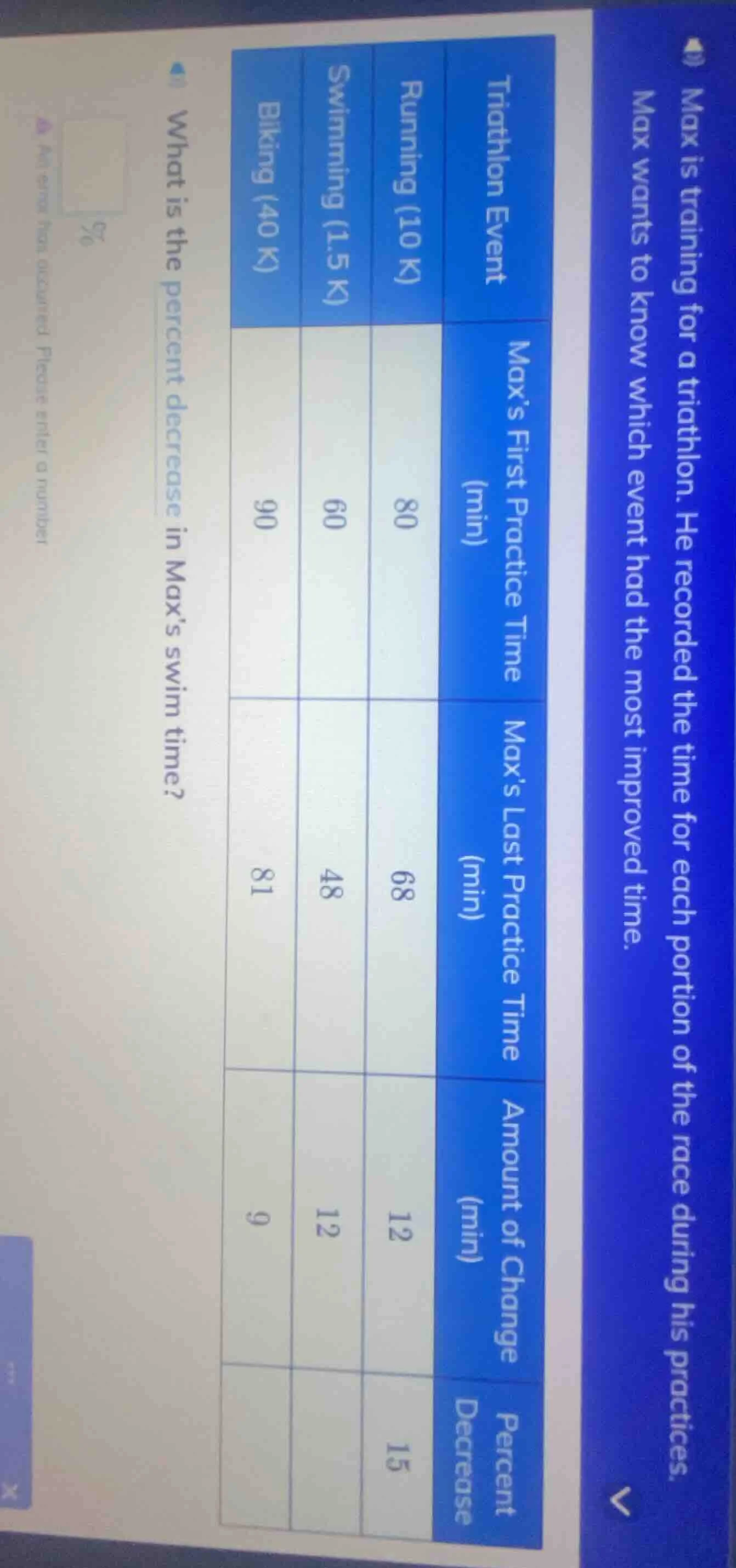 max is training for a triathlon. he recorded the time for each portion …