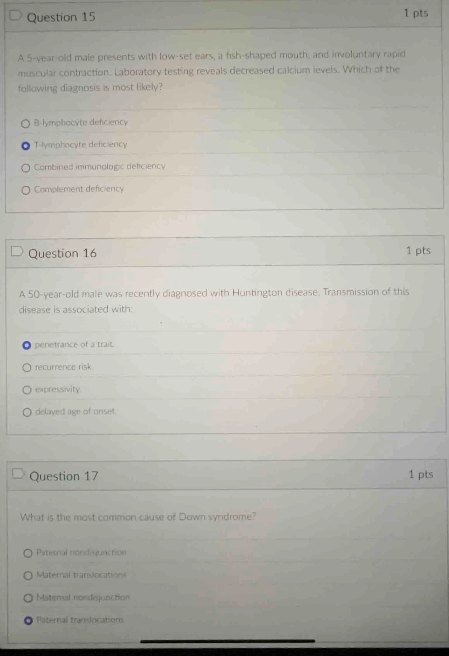 question 15 1 pts a 5-year-old male presents with low-set ears, a fish-…