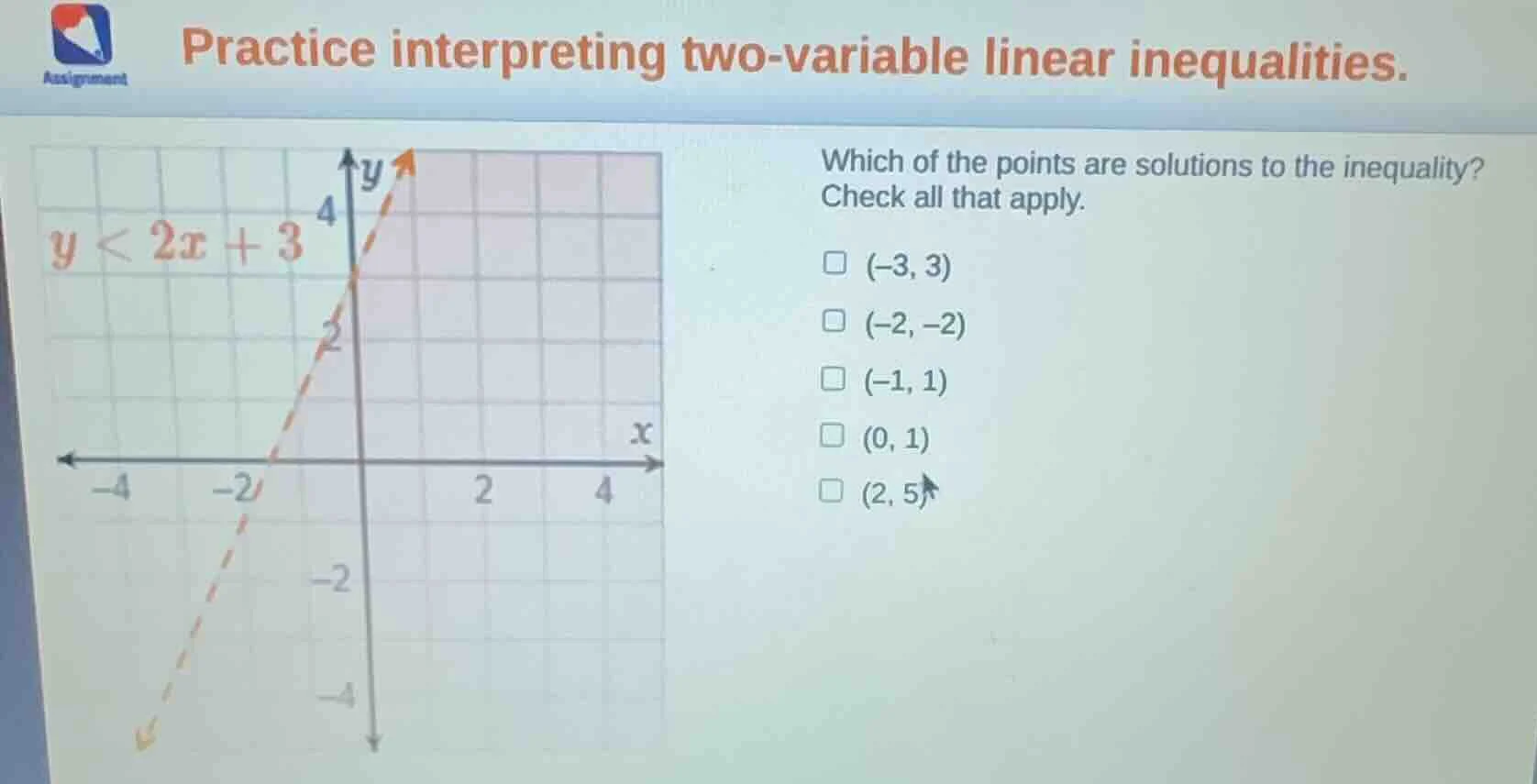 practice interpreting two - variable linear inequalities. the inequalit…