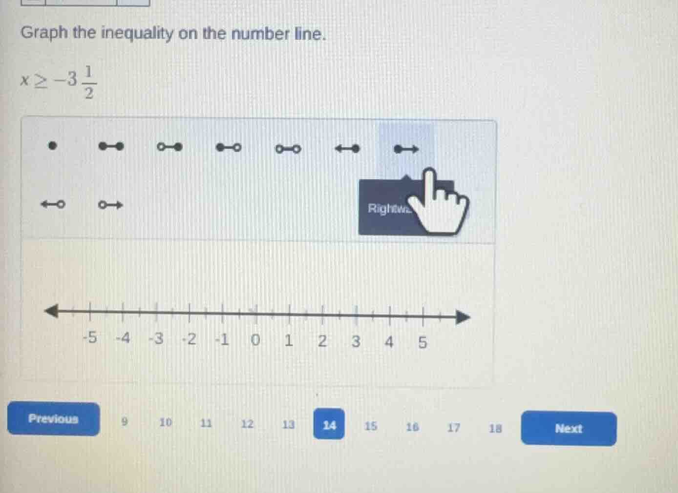 graph the inequality on the number line. $x \\geq -3 \\frac{1}{2}$
