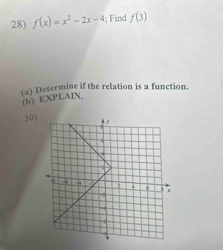 28) $f(x)=x^2 - 2x - 4$; find $f(3)$ (a) determine if the relation is a…