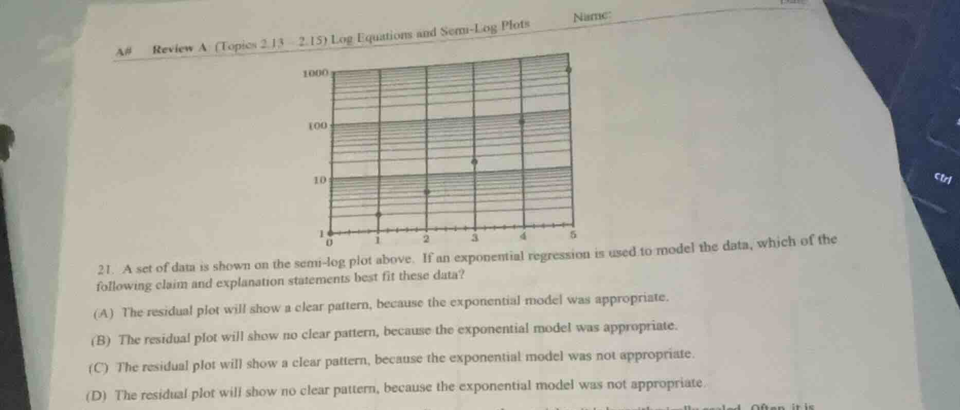 a# review a (topics 2.13 - 2.15) log equations and semi-log plots name:…