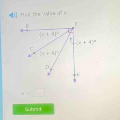 find the value of x. (there is a diagram with angles at point f: angle …
