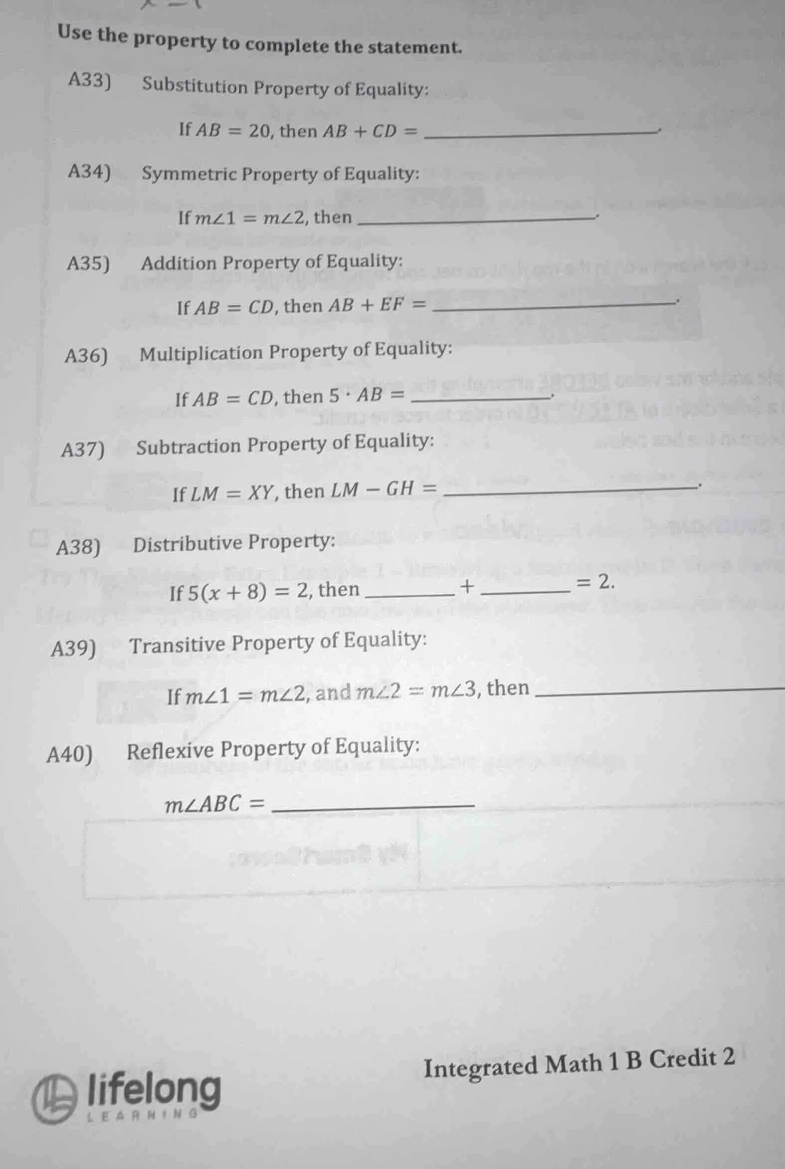 use the property to complete the statement. a33) substitution property …