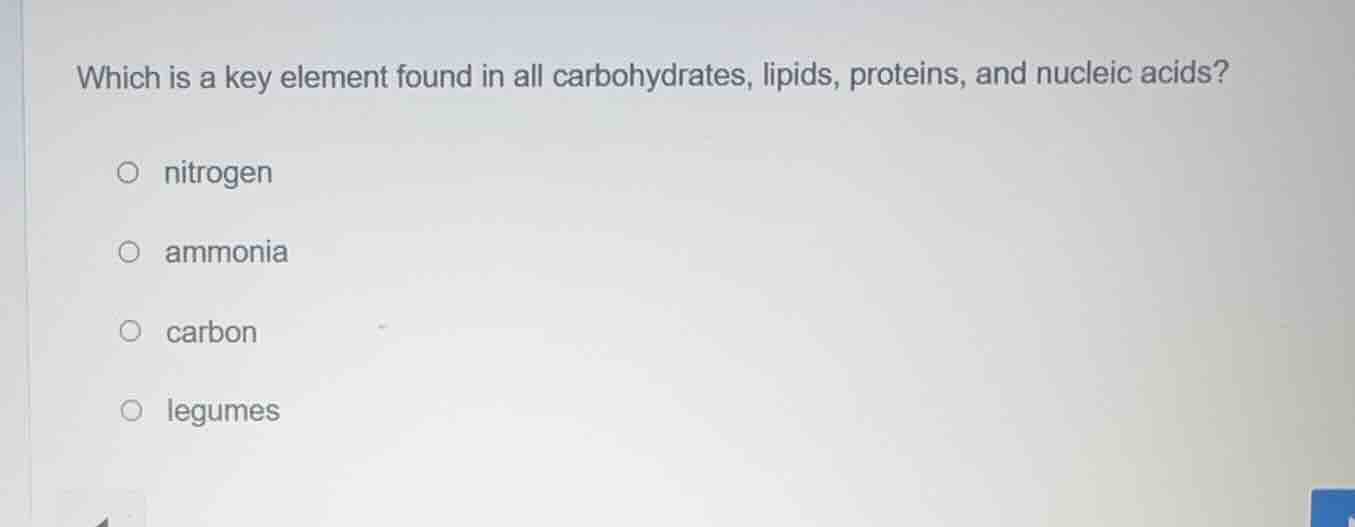 which is a key element found in all carbohydrates, lipids, proteins, an…