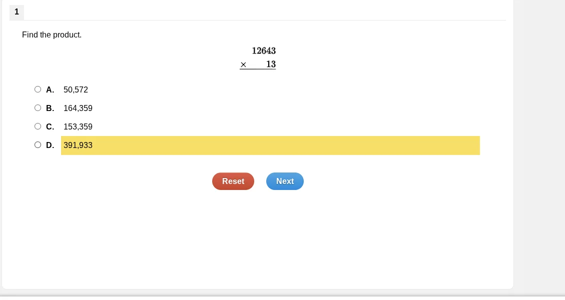find the product. \\begin{array}{r} 12643\\\\ \\times\\ \\ \\ \\ 13\\\\…