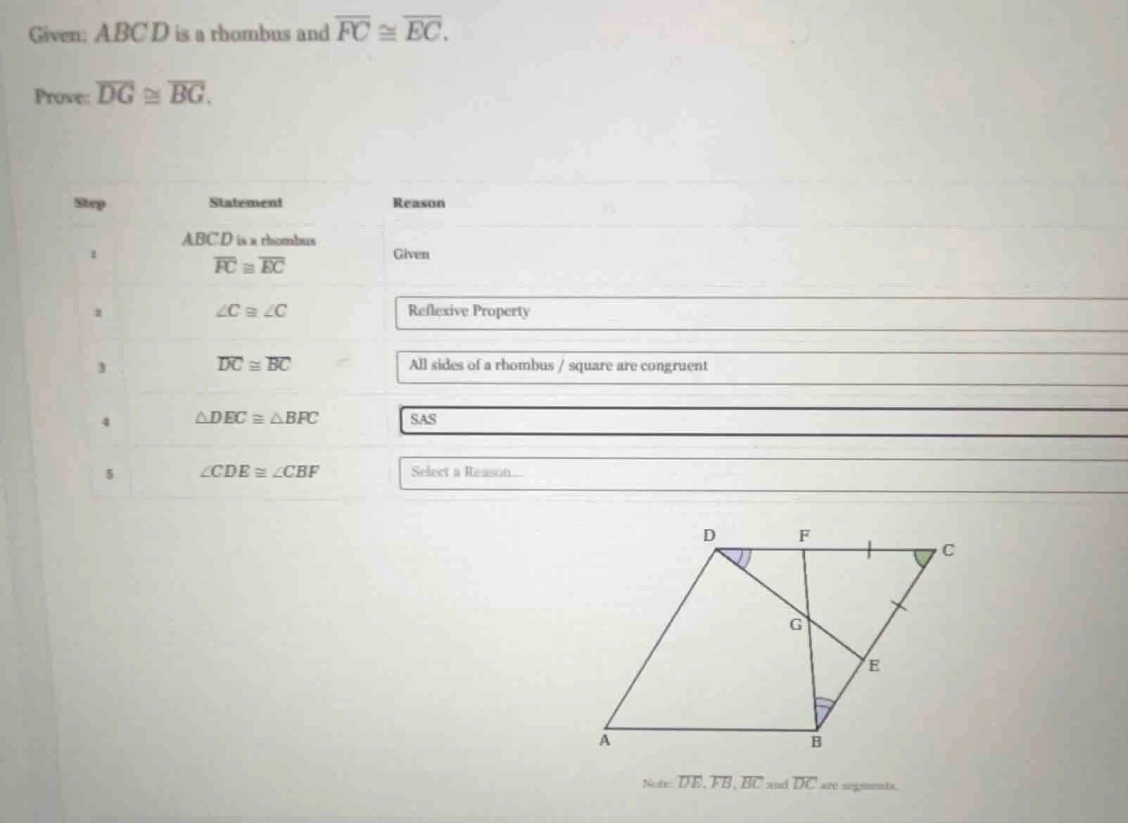given: abcd is a rhombus and \\(\\overline{fc} \\cong \\overline{ec}\\)…