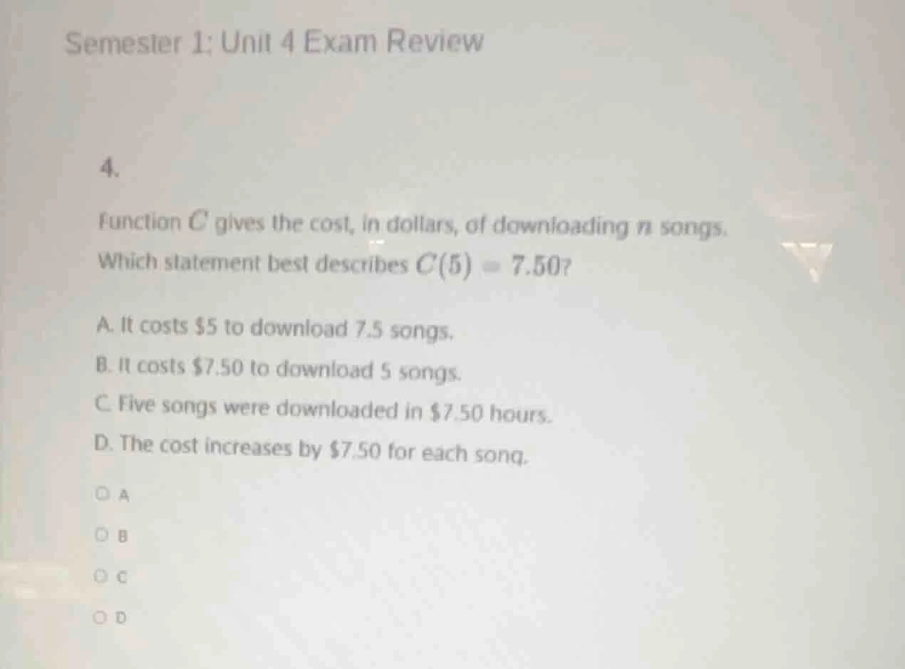 semester 1: unit 4 exam review 4. function ( c ) gives the cost, in dol…