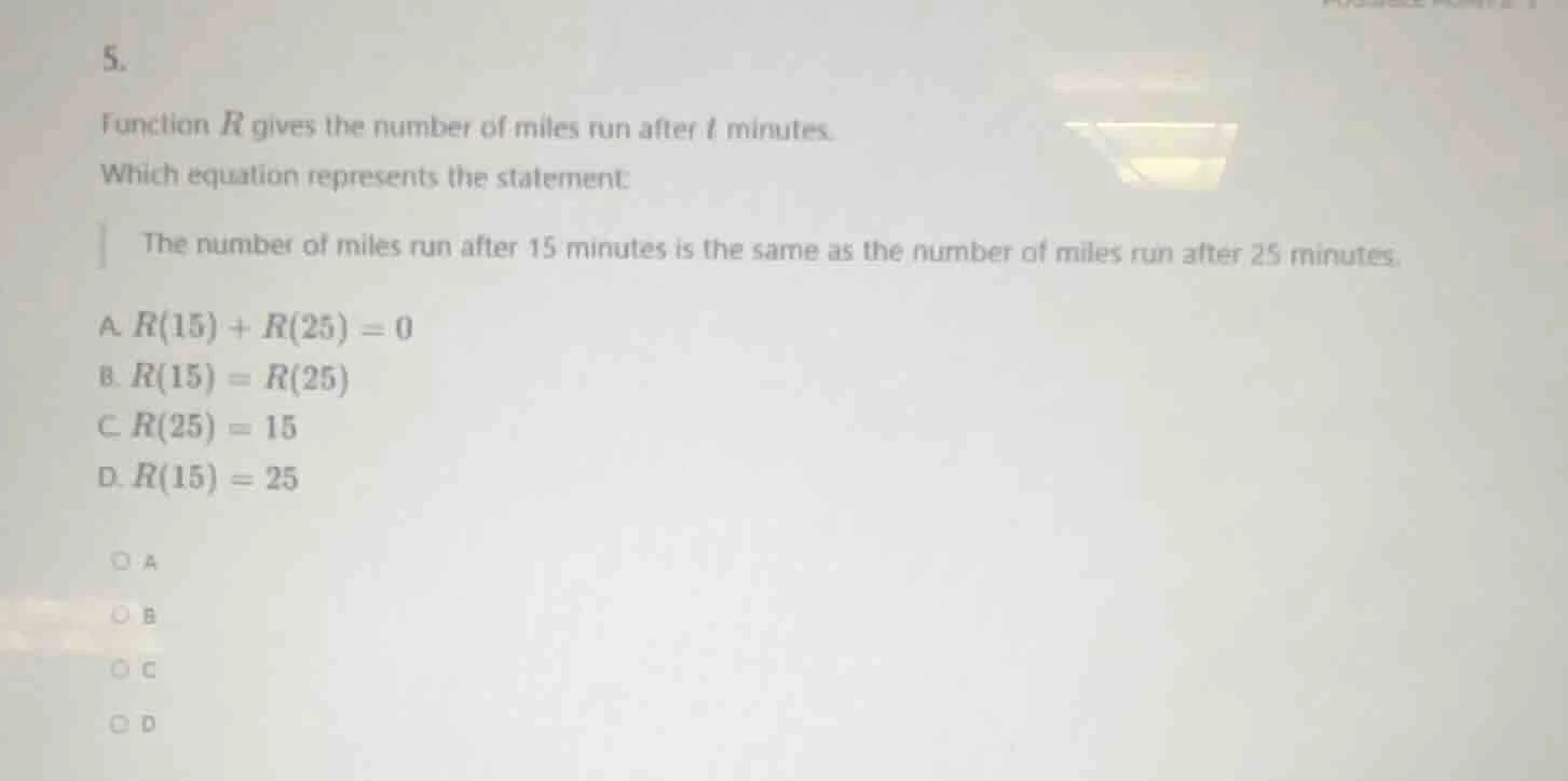 5. function r gives the number of miles run after t minutes. which equa…