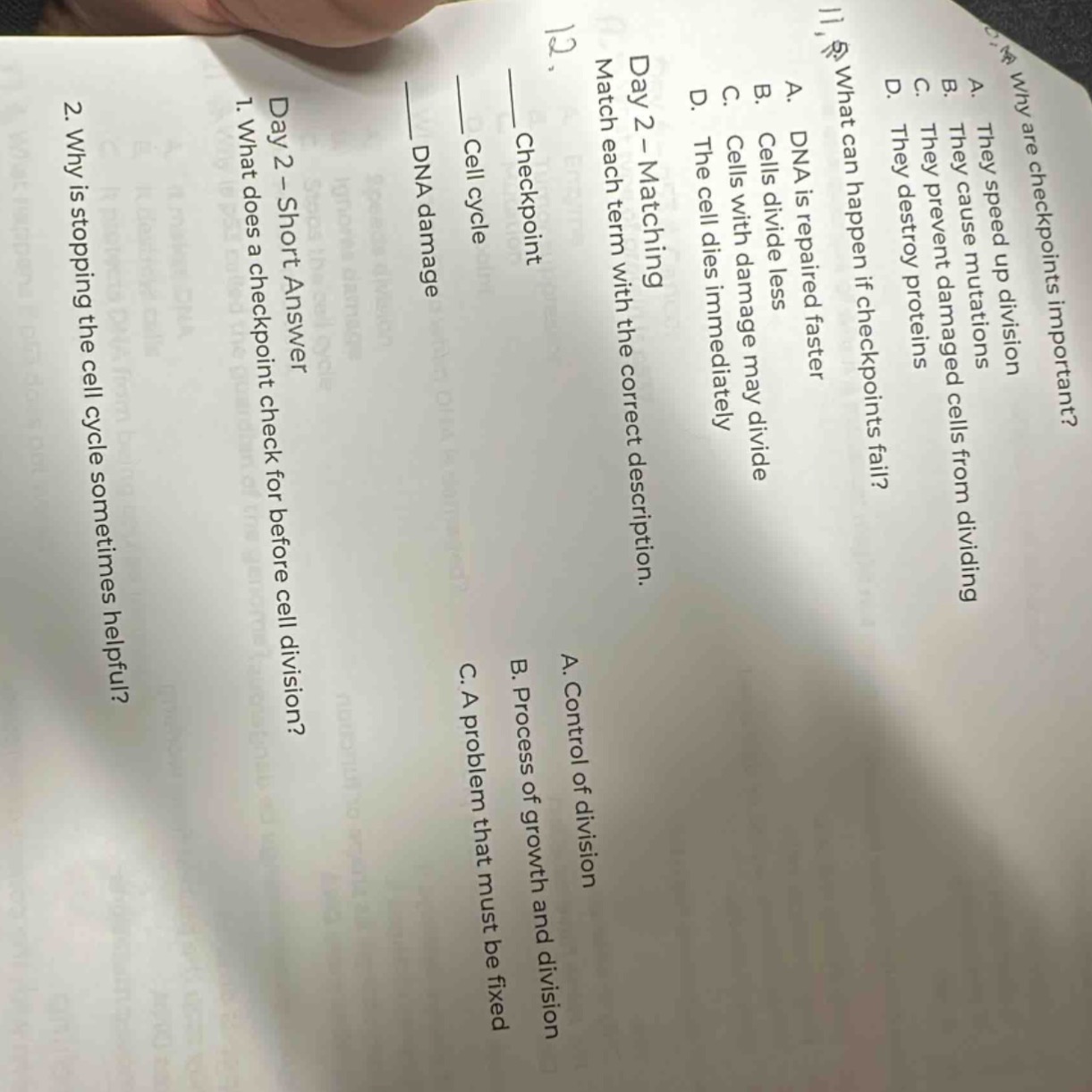 why are checkpoints important? a. they speed up division b. they cause …