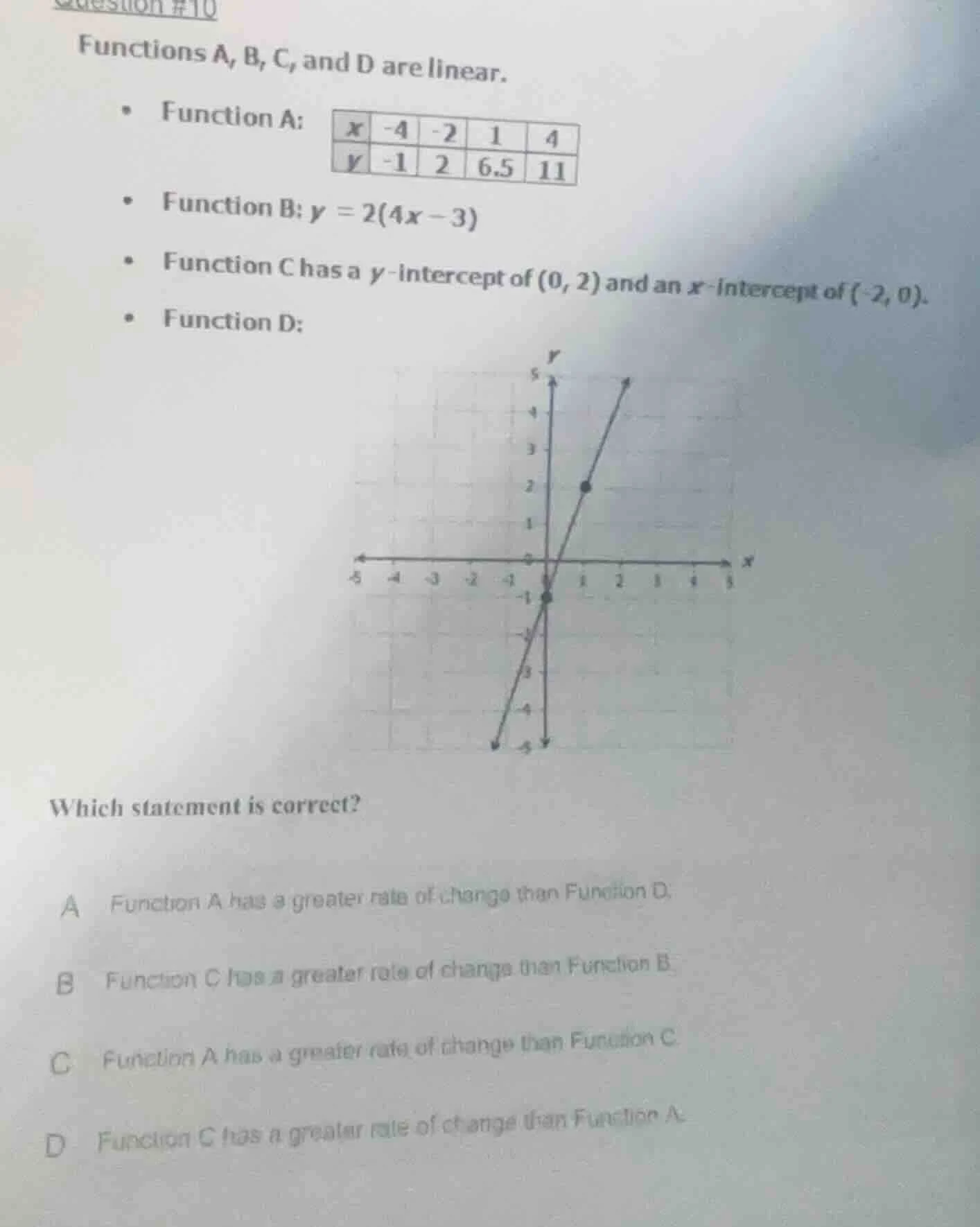 question #10 functions a, b, c, and d are linear. - function a: | x | -…