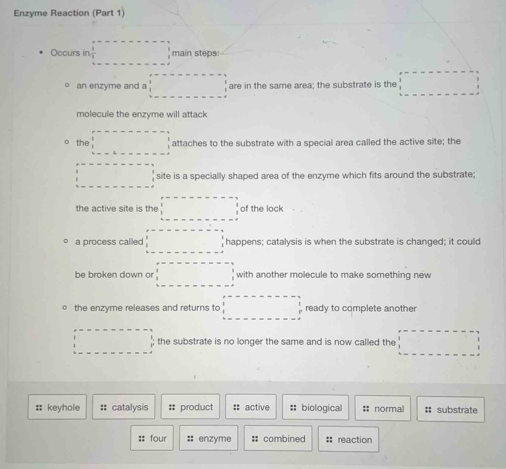 enzyme reaction (part 1) - occurs in \boxed{} main steps: - an enzyme a…