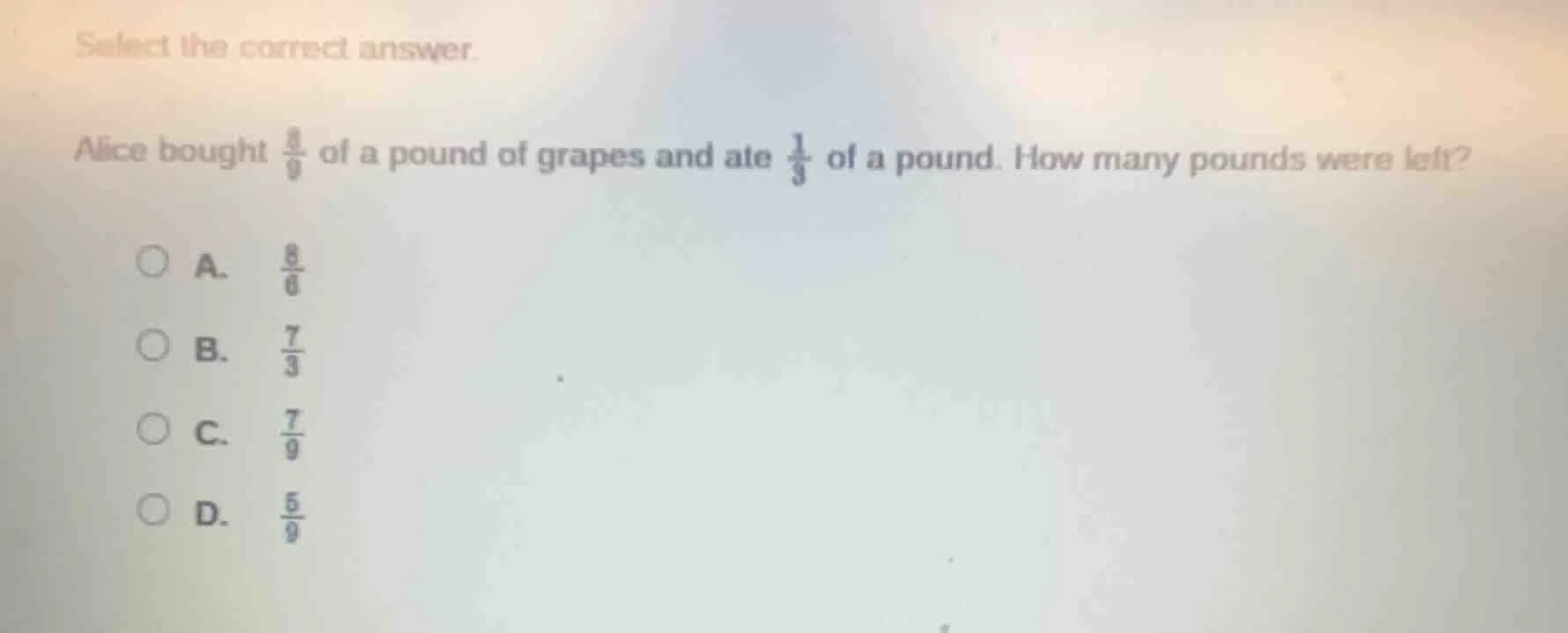 select the correct answer. alice bought \\(\\frac{8}{9}\\) of a pound o…