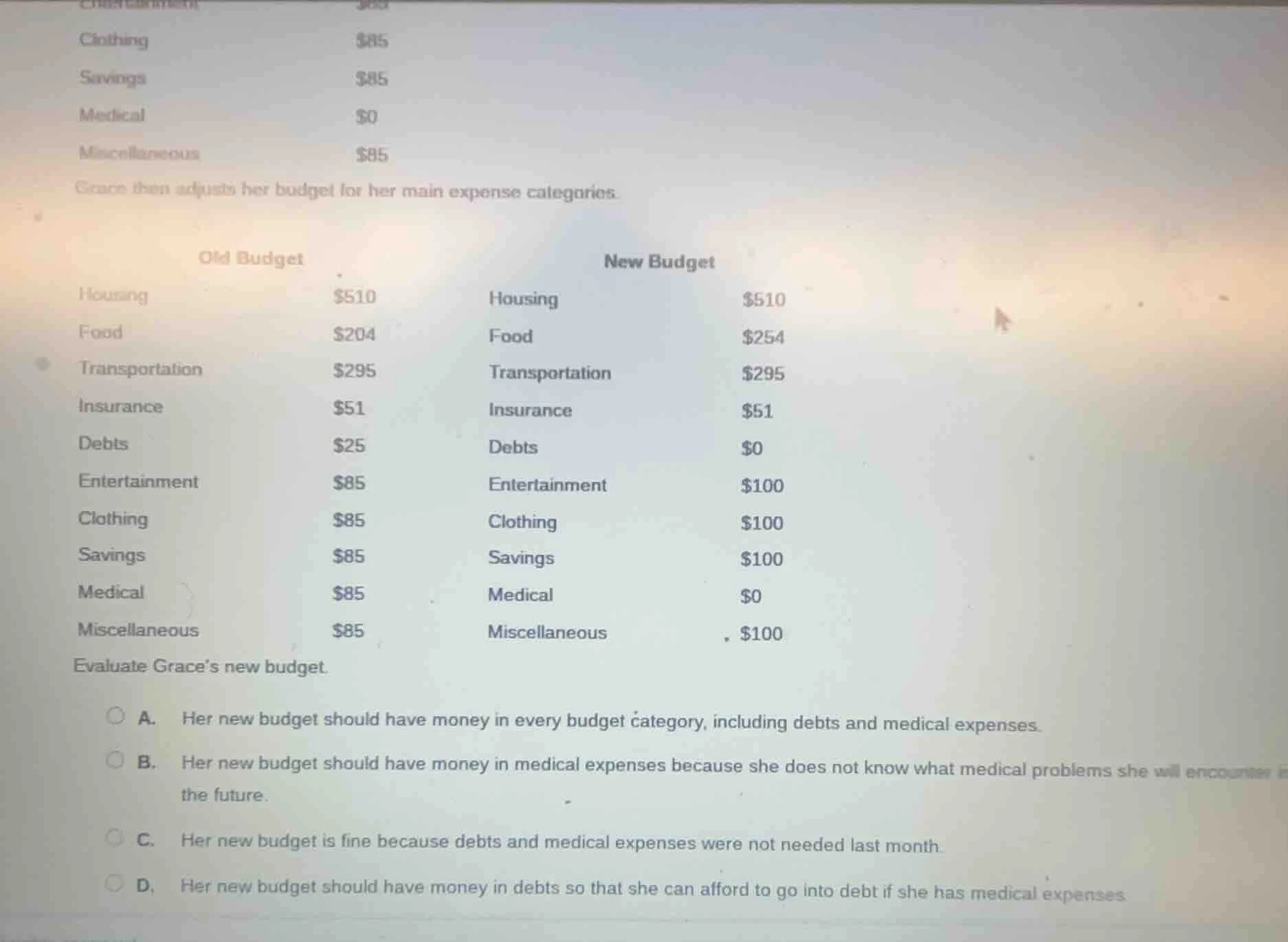 clothing $85 savings $85 medical $0 miscellaneous $85 grace then adjust…