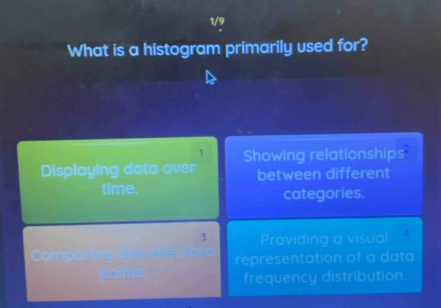 1/9 what is a histogram primarily used for? 1 displaying data over time…