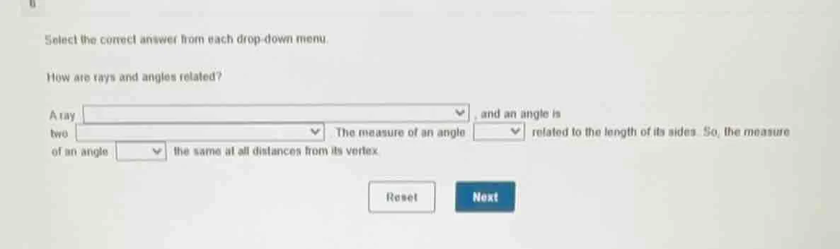 select the correct answer from each drop - down menu. how are rays and …